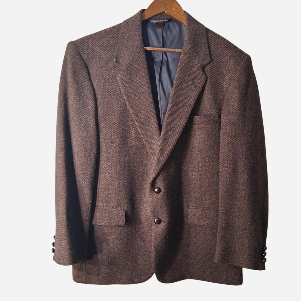 Mens Vintage 80s Farah brown herringbone wool blazer with wooden style buttons